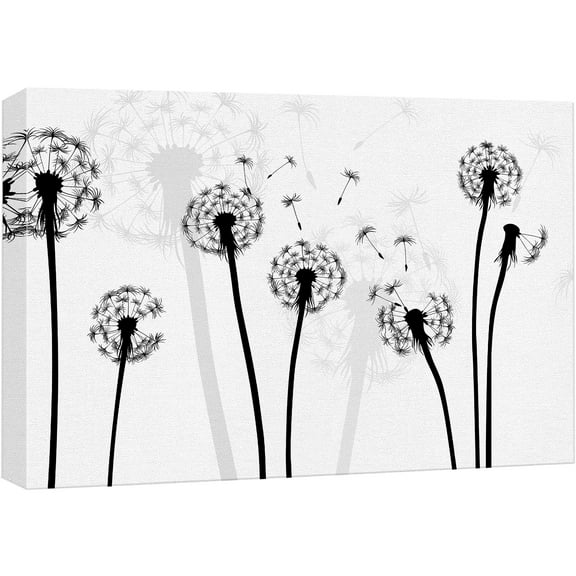 wall26 Canvas Print Wall Art Black & White Windy Dandelion Silhouettes Floral Botanical Illustrations Modern Art Rustic Scenic Relax/Calm Dark for Living Room, Bedroom, Office - 16"x24"