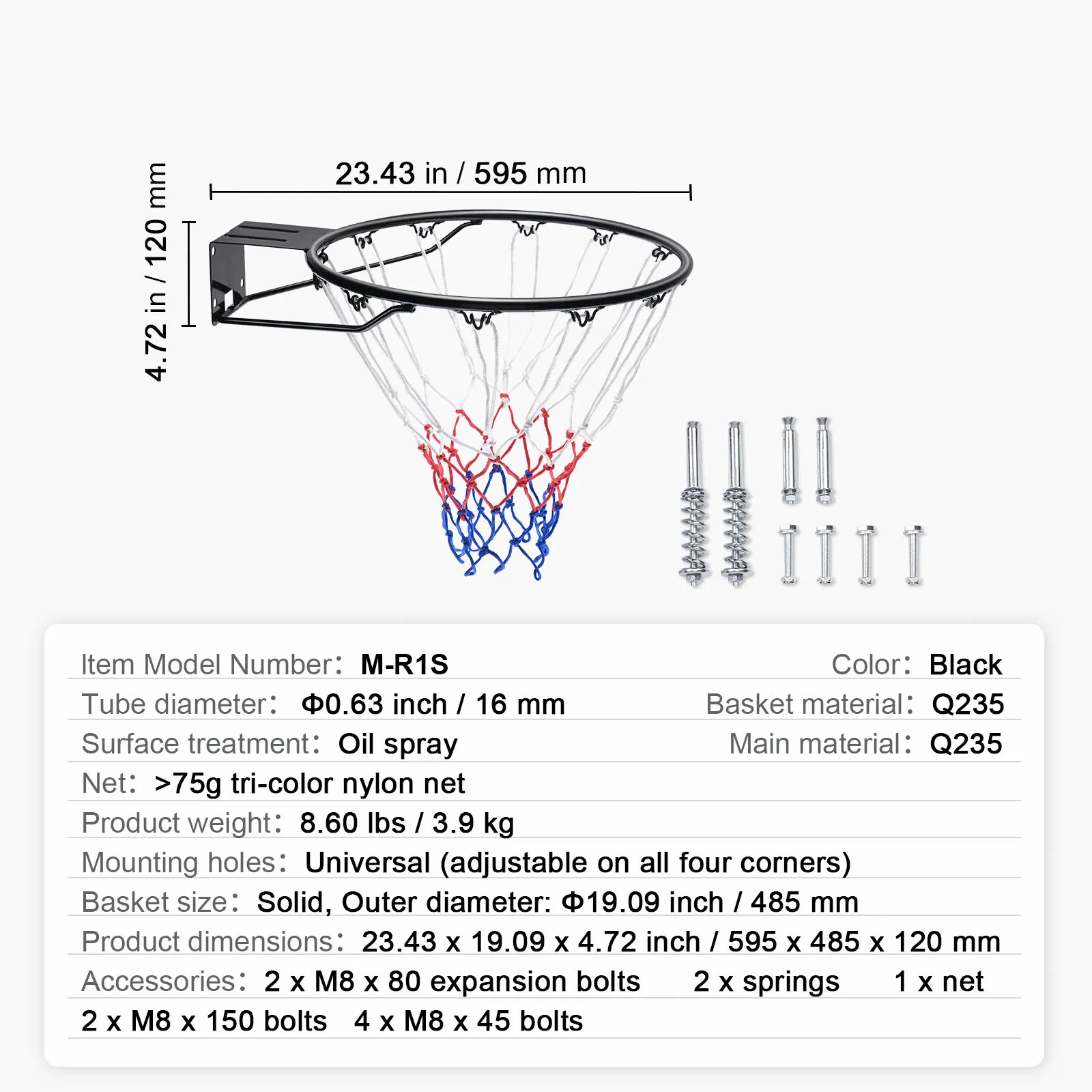 Heavy Duty Basketball Rim Wall Mounted Hoop with Net and Double Spring,18" Indoor Outdoor Flexible Goal Replacement for Kids and Adults