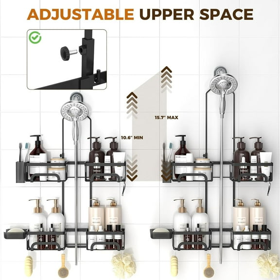 JUNCHI-Shower Caddy Hanging for Handheld Showerheads Adjustable Split Shower Caddy, Rustproof Shower Organizer with Hooks for Razors Over the Head Caddy with Soap Holder Bathroom Accessories, Black