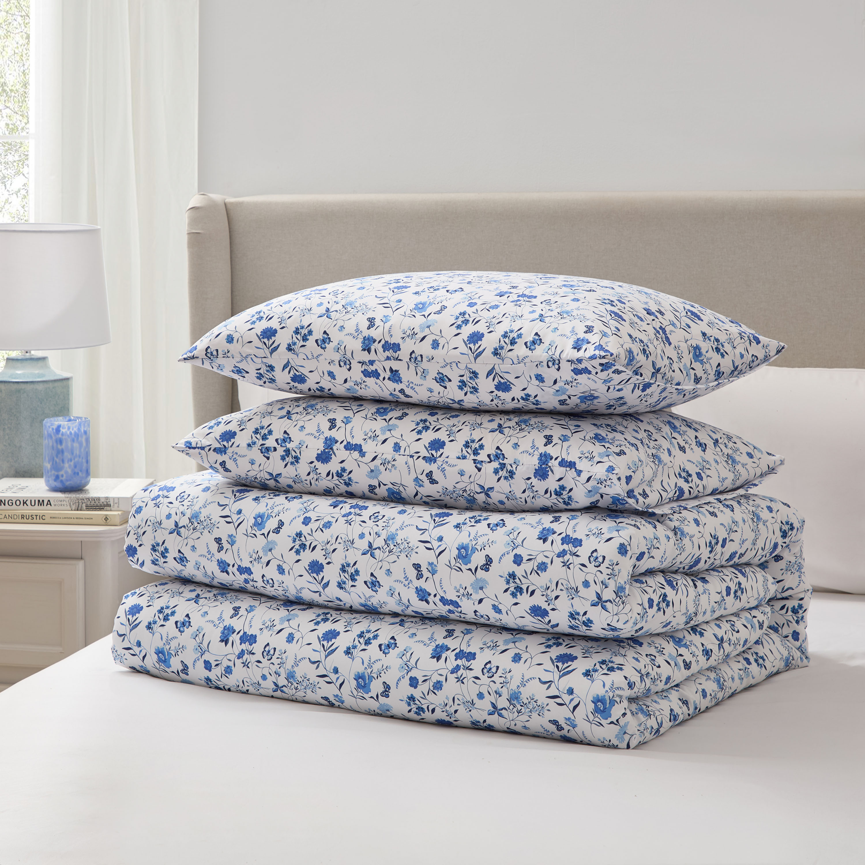 LammaLoe Full Size Comforter Sets, 3 Piece Floral Bedding Comforter Set with Sheets, Bed in a Bag, Blue