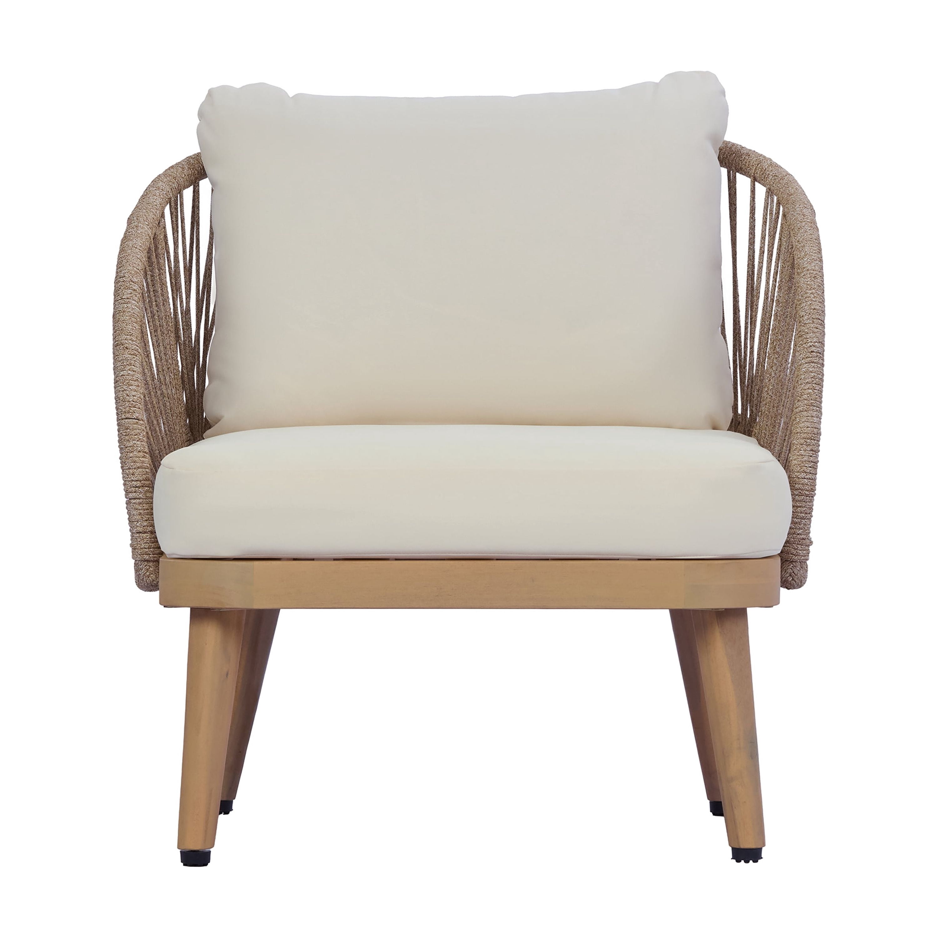 Tub Style Club Chair, Acacia Wood Outdoor Chair with Handwoven Rope Accents for Patio, Teak and Cream