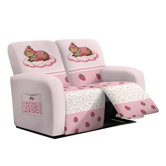 Psesaysky Capybara Strawberry Print Stretch Recliner Sofa Cover Non-Slip Bottom Reclining Loveseat Cover for Children
