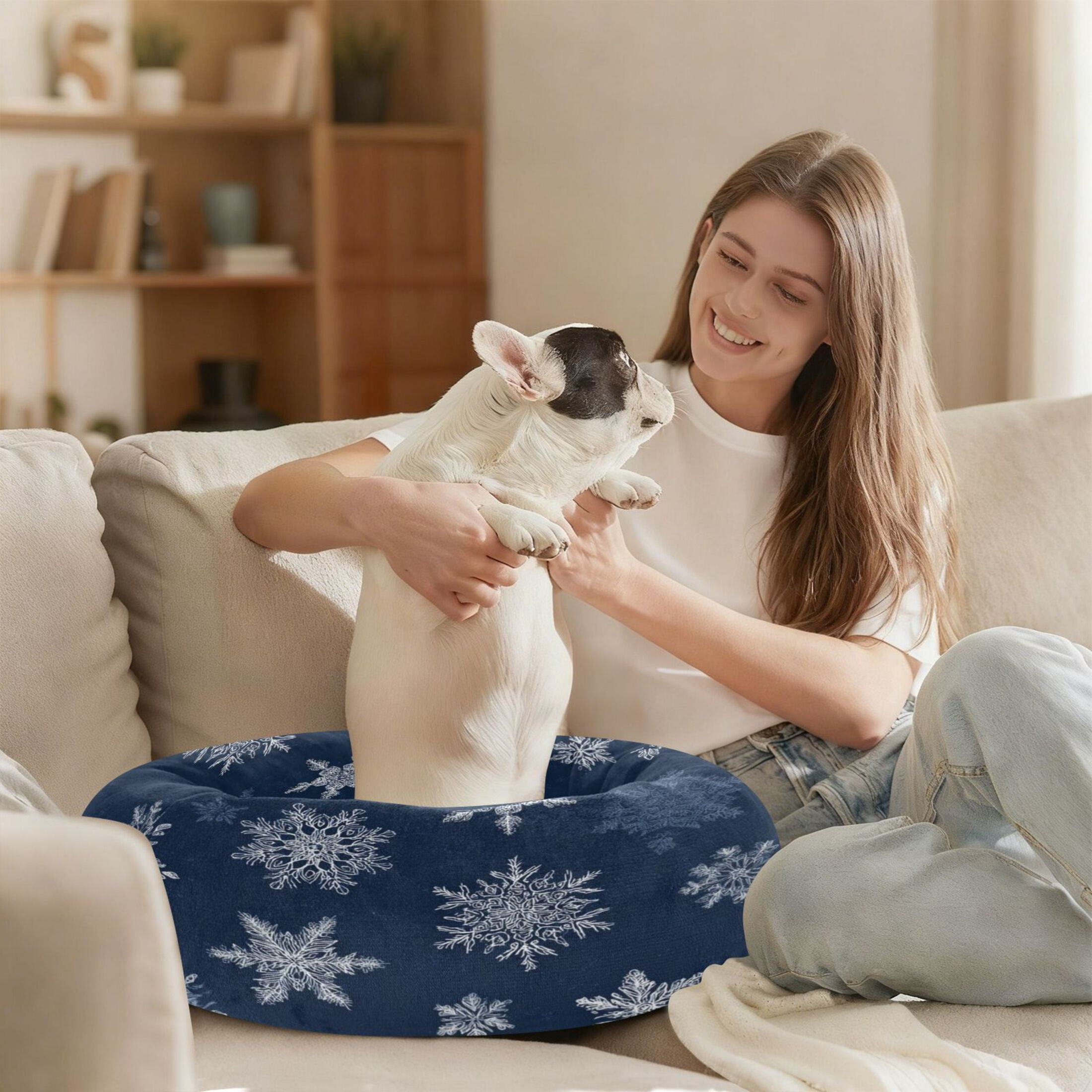 Iauyy Pet Couch Donut Cat Bed for Indoor Cats/Small Dogs Washable & Machine with Non-slip Bottom Calming Cat Furniture, Delicate White Snowflakes (M)
