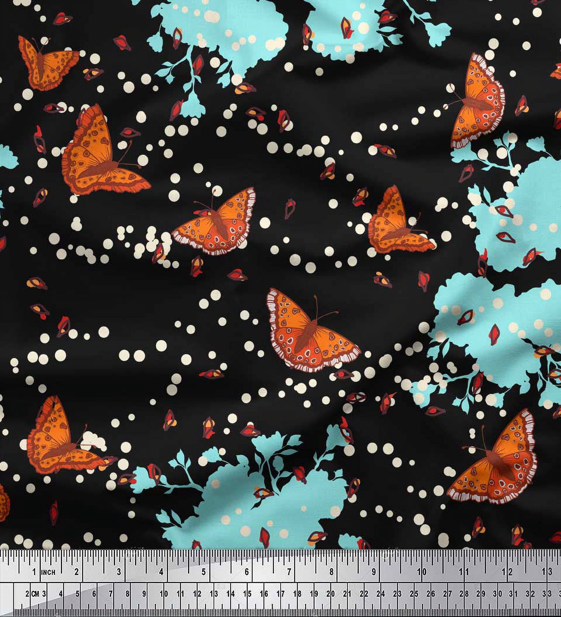 Soimoi Crepe Silk Fabric Dot,Floral & Butterfly Printed Craft Fabric by the Yard 42 Inch Wide