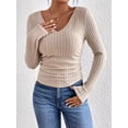 thumbnail image 4 of Womens Long Sleeve Shirts V Neck Ribbed Knit Slim Fit Sweater Fall Dressy Casual Travel Work Tops Color S, 4 of 10