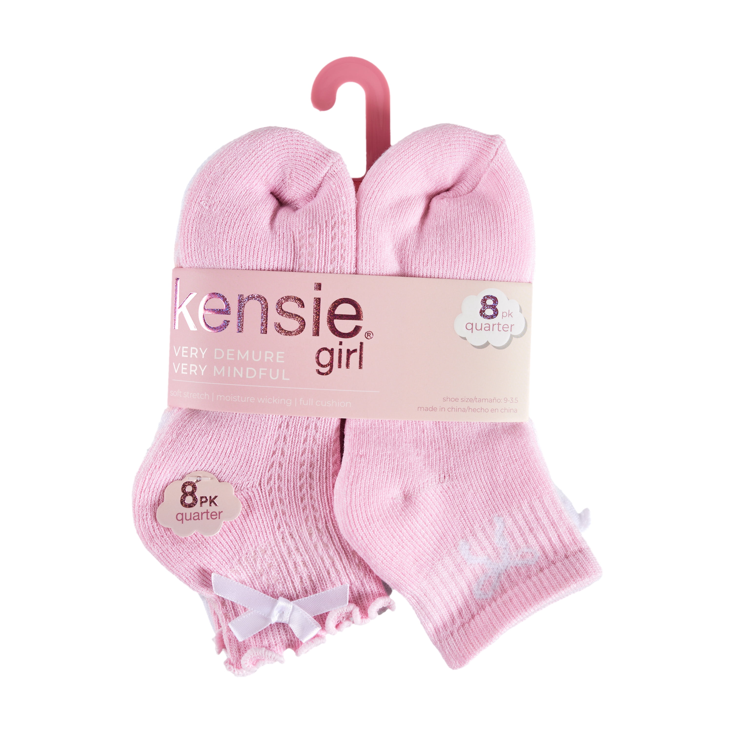 Kensie Girls Full Cushion Quarter Kids Socks (8-Pack) – 3D Bow