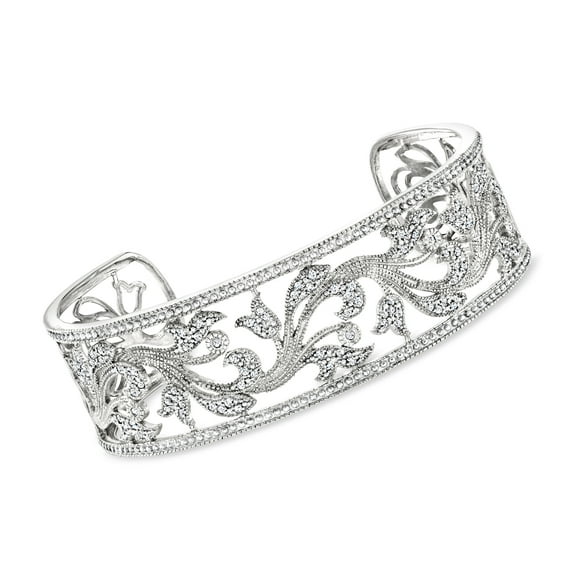 Ross-Simons 0.50 ct. t.w. Diamond Floral Filigree Cuff Bracelet in Sterling Silver, Women's, Adult