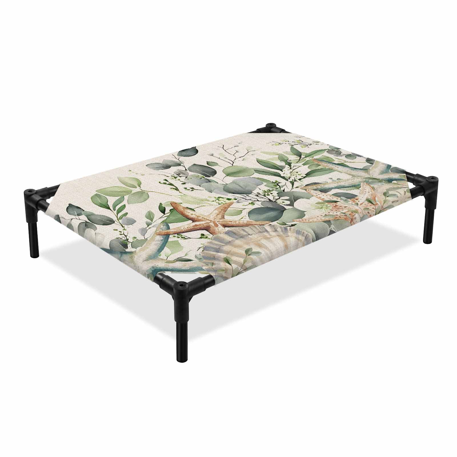Summer Eucalyptus Elevated Dog Bed Shell Ocean Starfish Green Leaves Retro Cooling Breathable Outdoor Raised Dog Cot Bed with Metal Frame Non-Slip Feet for Medium Dog 24x20in