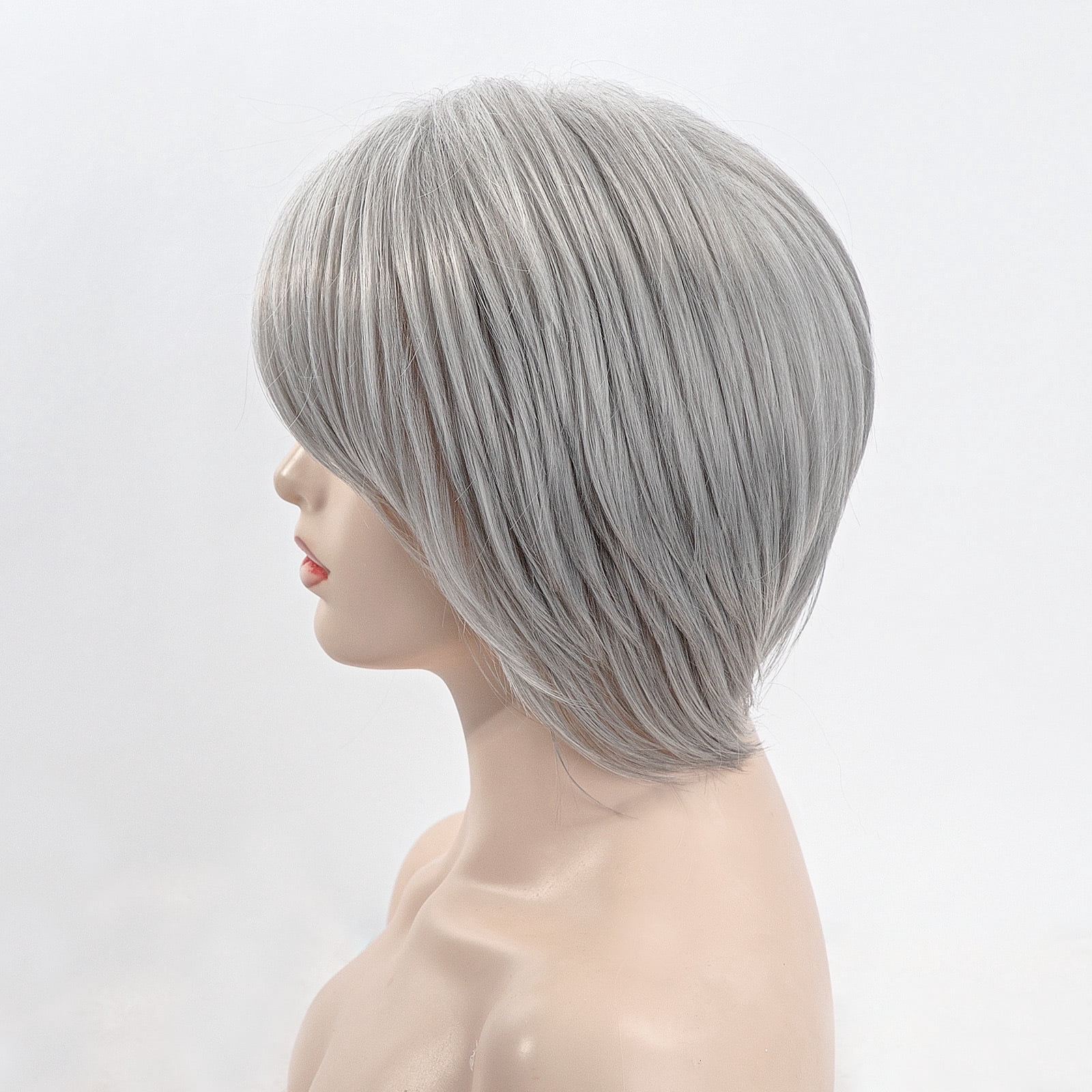 Sucs Short Grey Bob Wigs Sliver Gray Synthetic Straight Hair Repalcement Wig with Bangs