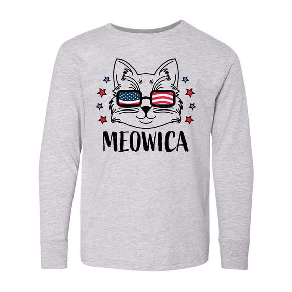 Inktastic 4th of July Meowica Cat in Flag Sunglasses Long Sleeve Youth T-Shirt