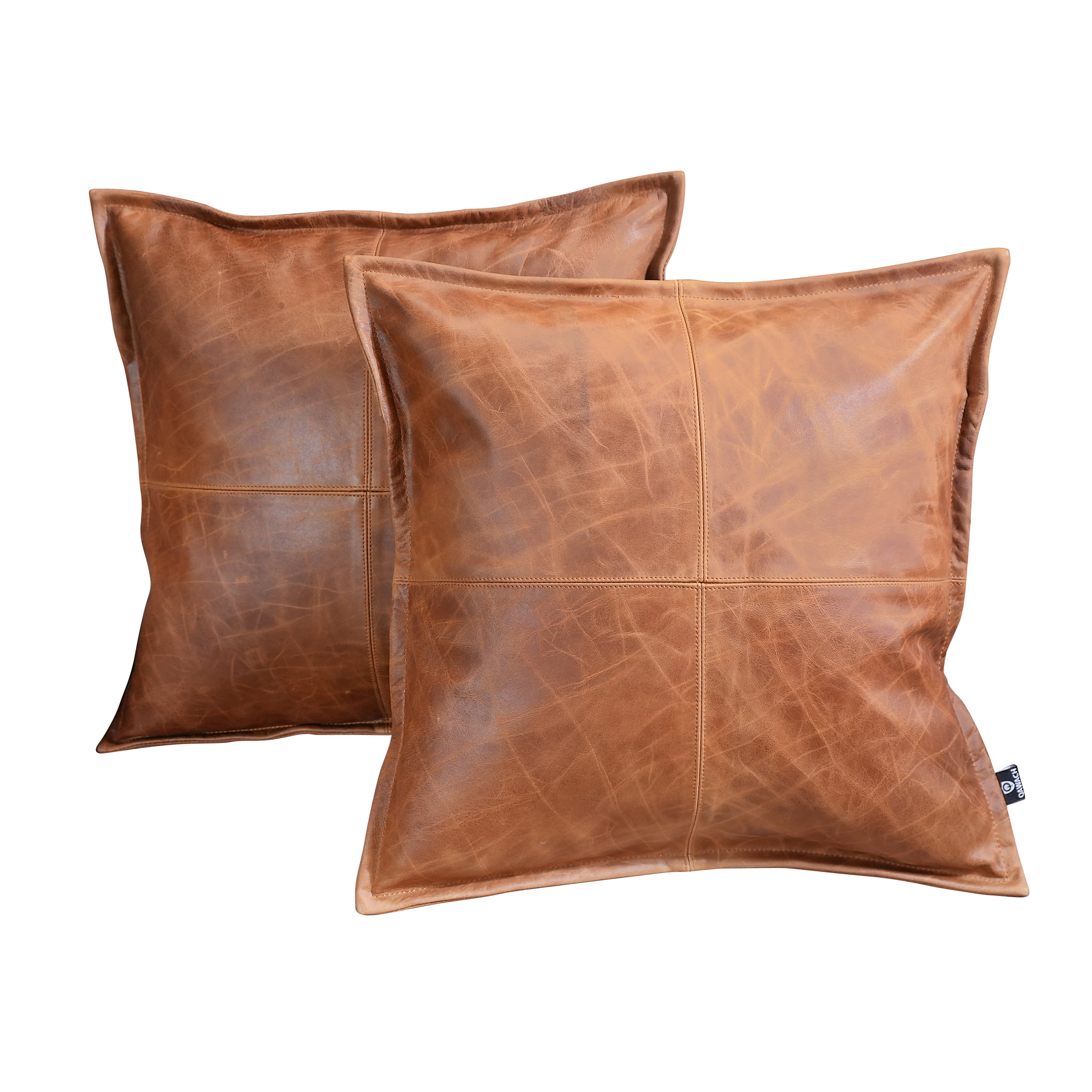 Lambskin Leather Pillow Cover, Sofa Cushion Case, Home Decor Style for Living Room & Bedroom, Cognac Box, 14x14