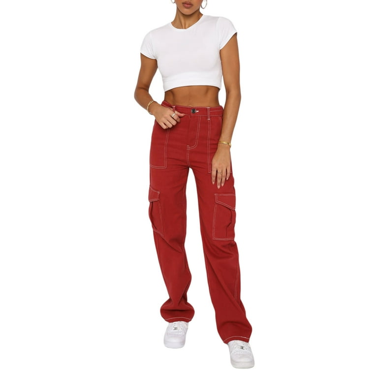 Gueuusu Womens Casual Straight Jeans Fashion Solid Color Side