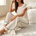 thumbnail image 5 of Tqcoqu Women's 2 Piece Pajama Set, Round Neck Ruffle Short Sleeve Contrast Piping & Drawstring Ruffle Hem Wide Leg Pants, Loungewear Sleepwear for Women, 5 of 7