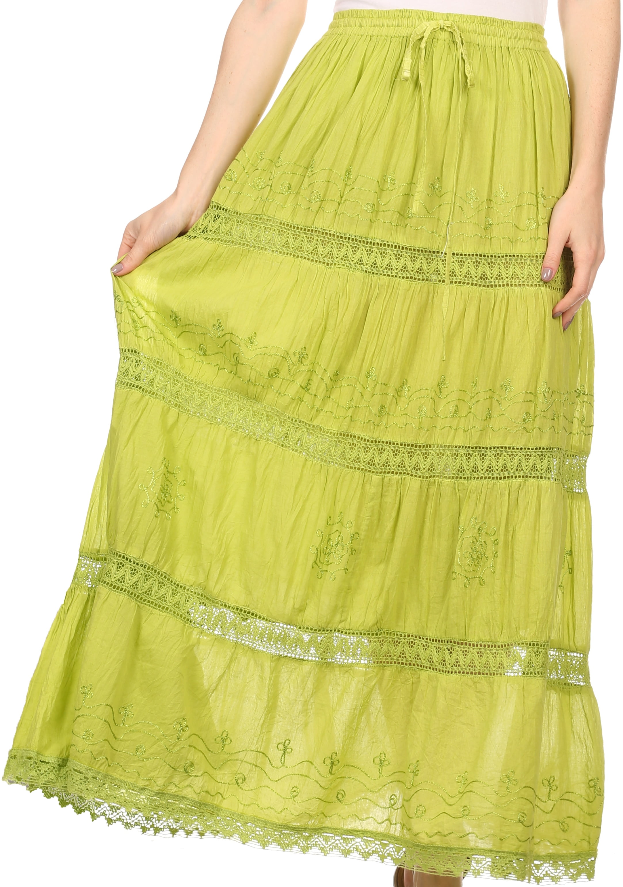 Sakkas Solid Embroidered Gypsy Bohemian Mid Length Cotton Skirt - Lime -  One Size - Walmart.com
