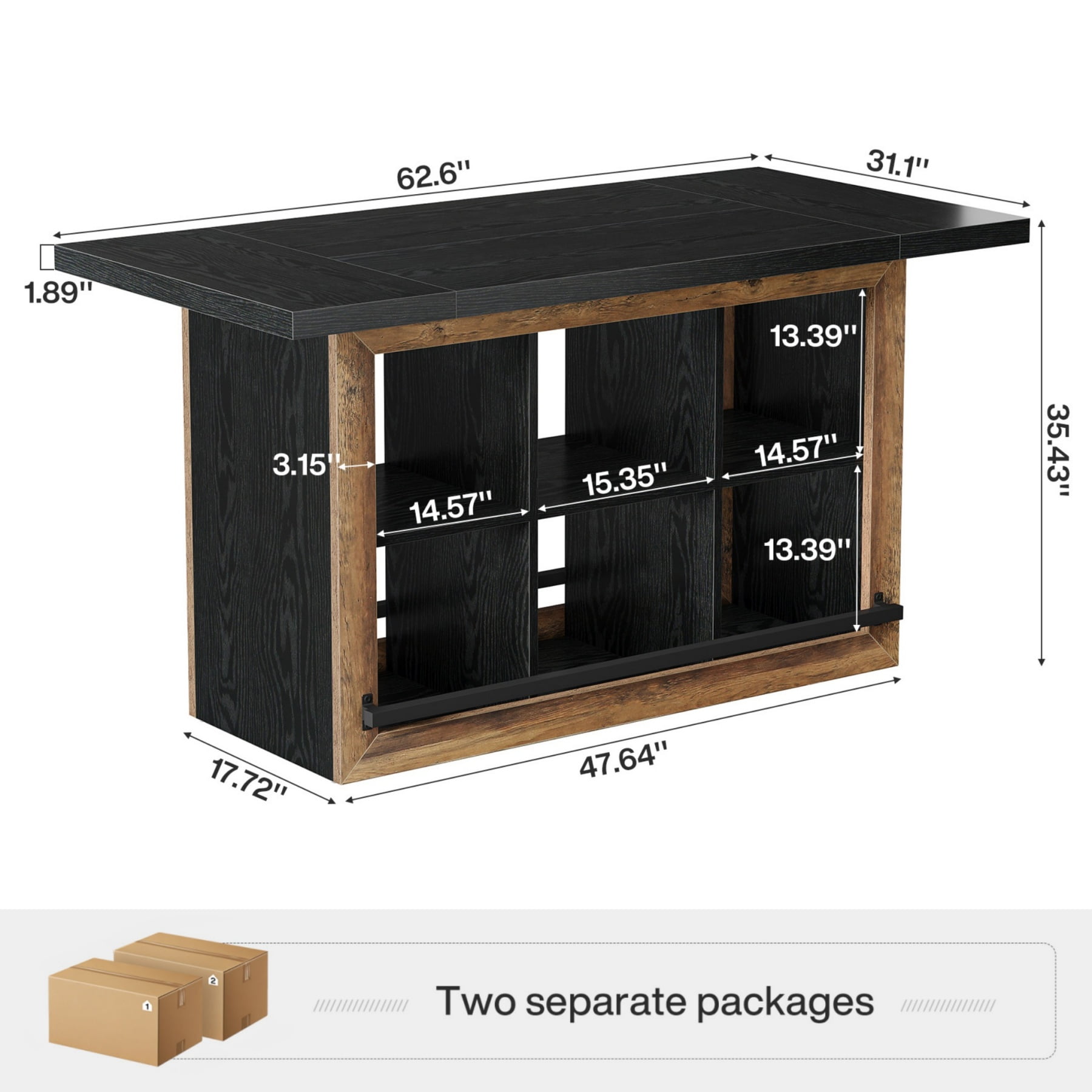 Kitchen Island with Storage, Counter Height Kitchen Island Table with 6 Open Cubbies and Footrests