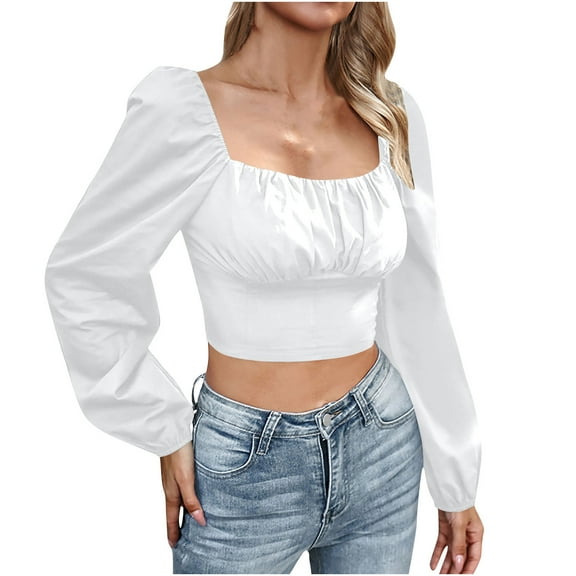hotojiny Womens Tops Spring Fashion Square Neck Going out T Shirt Casual Long Lantern Sleeve Cropped Clothes