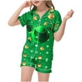 thumbnail image 3 of Odeerbi 2-12 Years Kids Boys Girls Summer St. Patrick's Day Satin Pajamas Notched Lapel Short Sleeve Loungewear Shorts Set Sleepwear Solid Color Pajama Sets Kids Boys Girls Clothes, 3 of 5