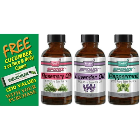 Essential Oil Gift Set  (1 Oz - 30 mL) Each - Best 3 Aromatherapy Oil - Peppermint, Lavender and Rosemary - with FREE Cucumber Face & Body Nourishing Cream by