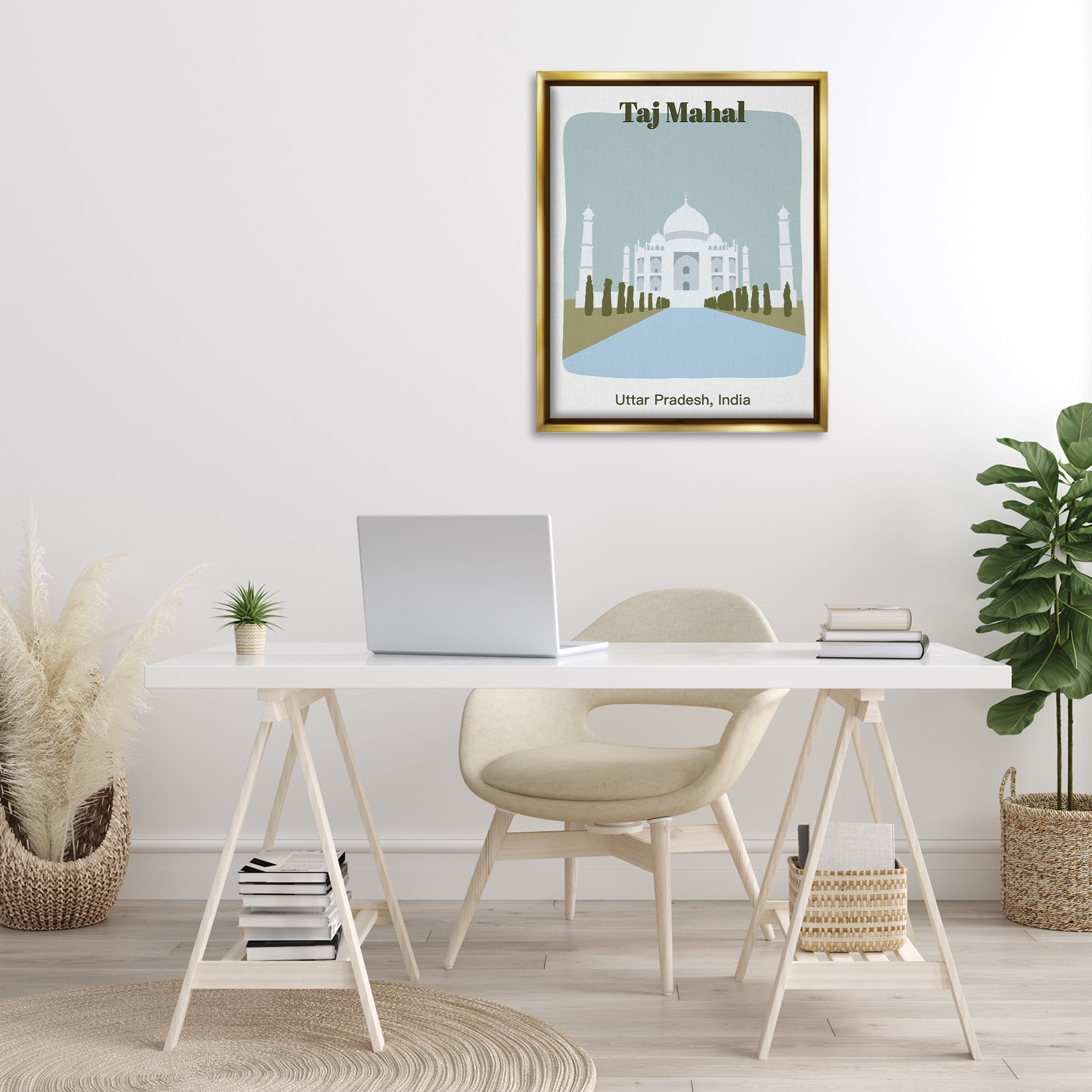 Stupell Industries Taj Mahal Architecture Town & City Painting Gold Floater Framed Art Print Wall Art, 25 x 31