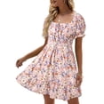 thumbnail image 2 of Square Neck Womens Boho Floral Smocked Short Sleeve Ruffle Beach Summer Mini Dress, 2 of 7