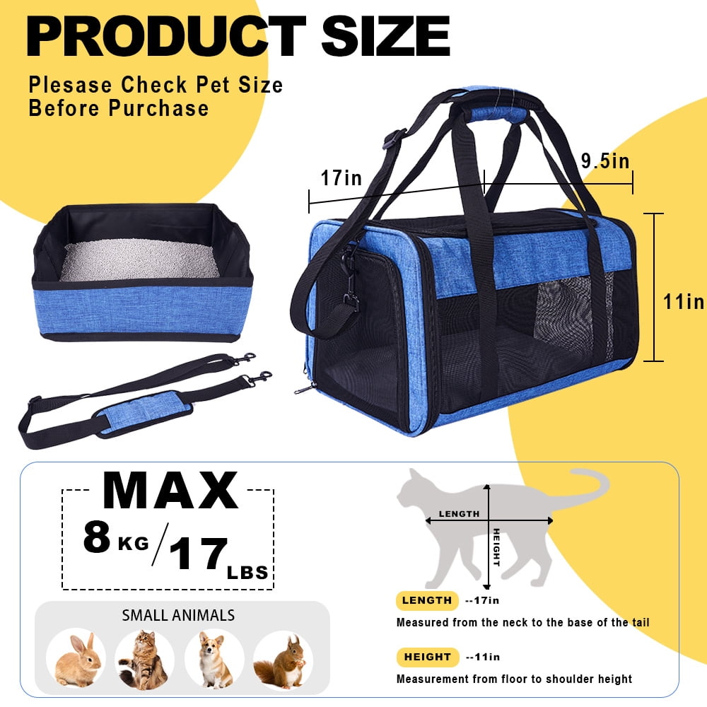 Airline-Approved Pet Carrier For Small To Medium Sized Cats And Puppies (up to 17 lbs) With Folding Litter Box, Collapsible Cat And Dog Carrier For Air Travel And Daily Trips(Blue)