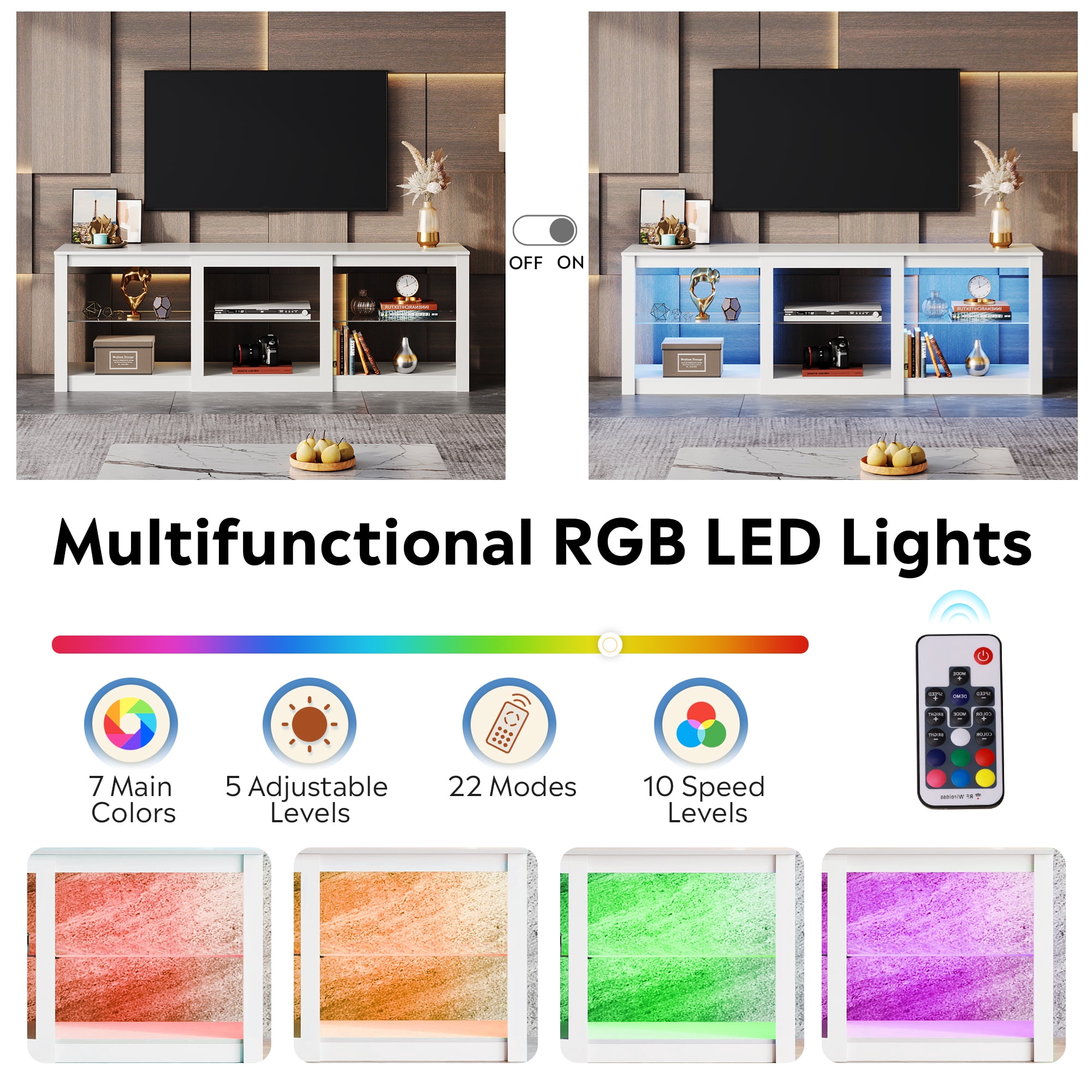 GALAXHERO TV Stand for 55/65/75 Inch, TV Modern Entertainment Center with LED Lights & Adjustable Glass Shelves Sturdy Media Console for Living Room, Bedroom, Gaming White
