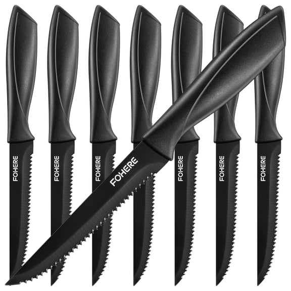 Steak Knives, Serrated Steak Knife Set of 8, Black Stainless Steel Kitchen Steak Knife Set, Perfect for Christmas, New Year Gatherings, Party