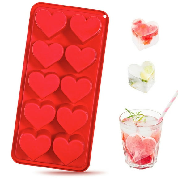 Heart Shaped Ice Tray 10-Cavity Silicone Mold, Red Food-Grade Silicone Heart Ice Cube Mold for Drinks, Candy, Chocolate, Soap, Valentine's Day, Party, Cocktail Accessories