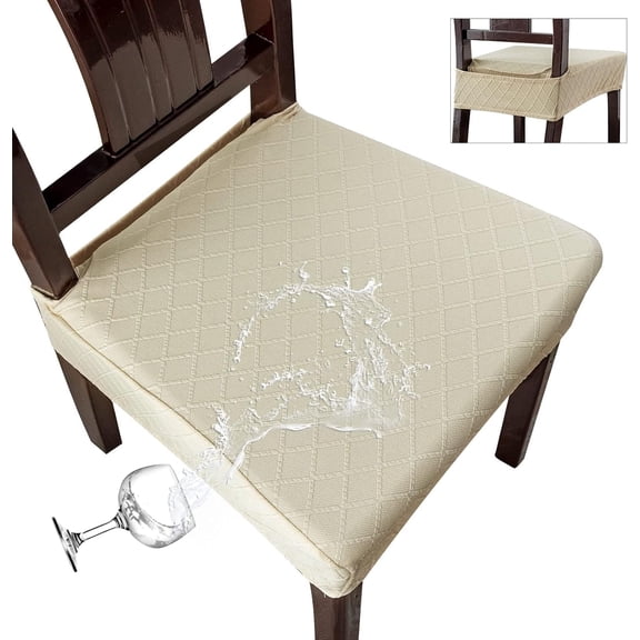 Waterproof Seat Covers for Chairs,Set of 4 Dining Room Chair Seat Covers for Kitchen,Stretch Jacquard Removable Washable Dining Chair Slipcovers Protectors with Rear Covers, Beige