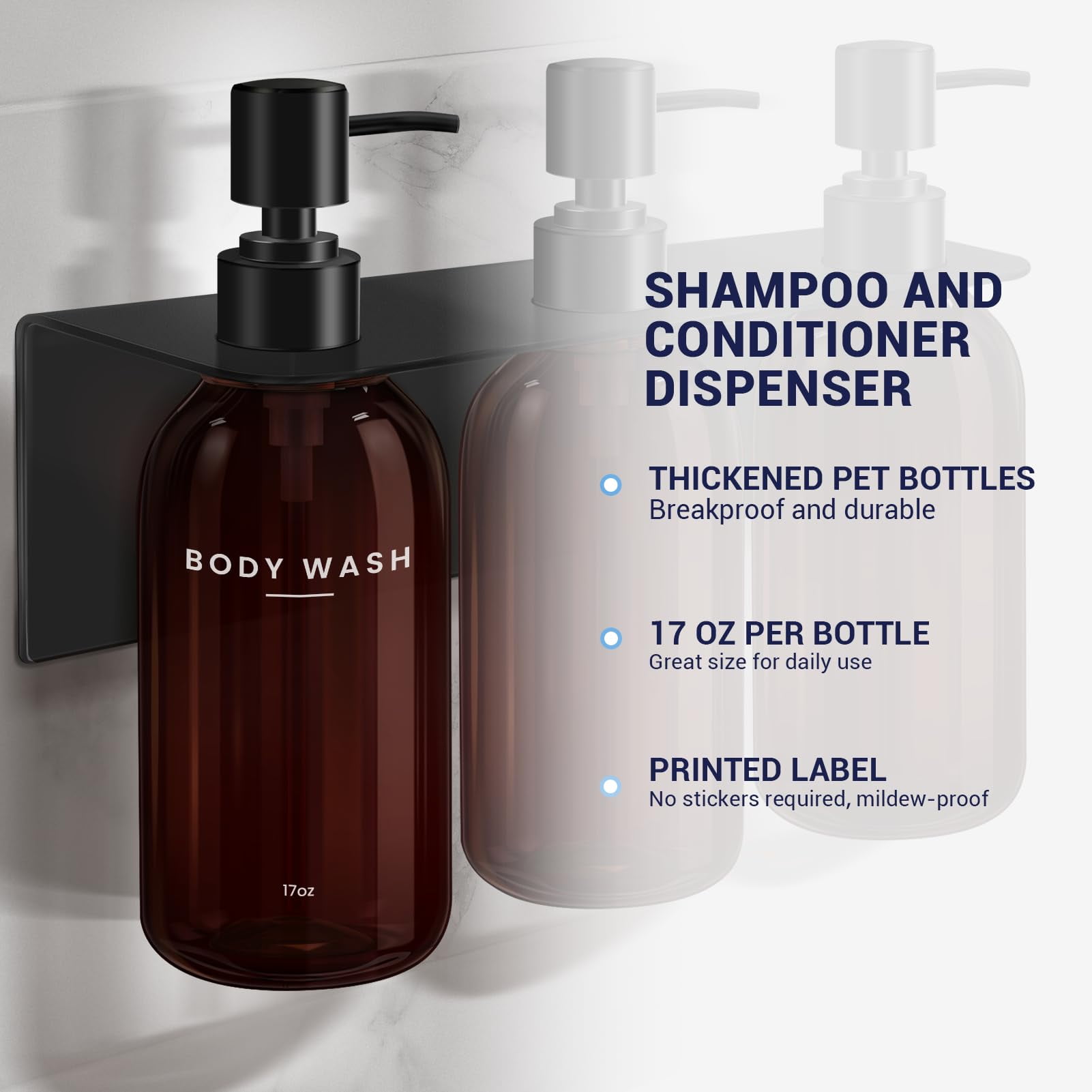 Shampoo and Conditioner Dispenser - Shower Soap Dispenser Wall Mounted - 17 fl oz Set of 3 Brown Plastic Bottles Black Pump - Shampoo Dispenser, Shower Dispenser