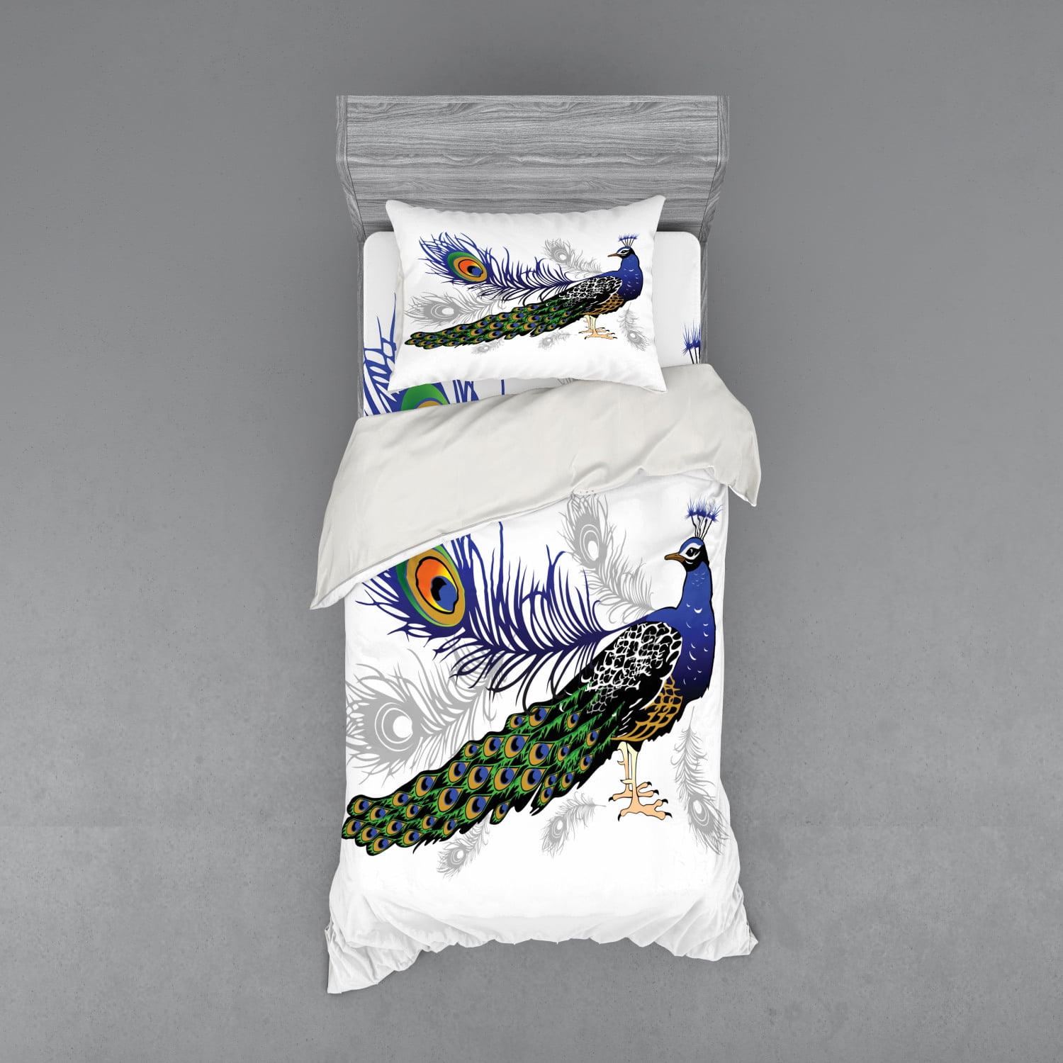 Peacock Duvet Cover Set, Male Peacock Feathers Springtime Wilderness