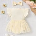 thumbnail image 4 of LIIPEE Girls Romper Summer Fly Sleeve Flower Embroidery Jumpsuit With Mesh Hem Bow Headband Baby Breathable Soft Ribbed Bodysuit Comfortable Cute Daily Onesie,Beige,9-12 Months, 4 of 8