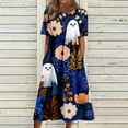 thumbnail image 3 of Women's Halloween Themed Casual Dress, Round Neck with Pockets Style , Everyday Outings, Halloween Print Casual Dress for Ladies Blue B 2XL, 3 of 6