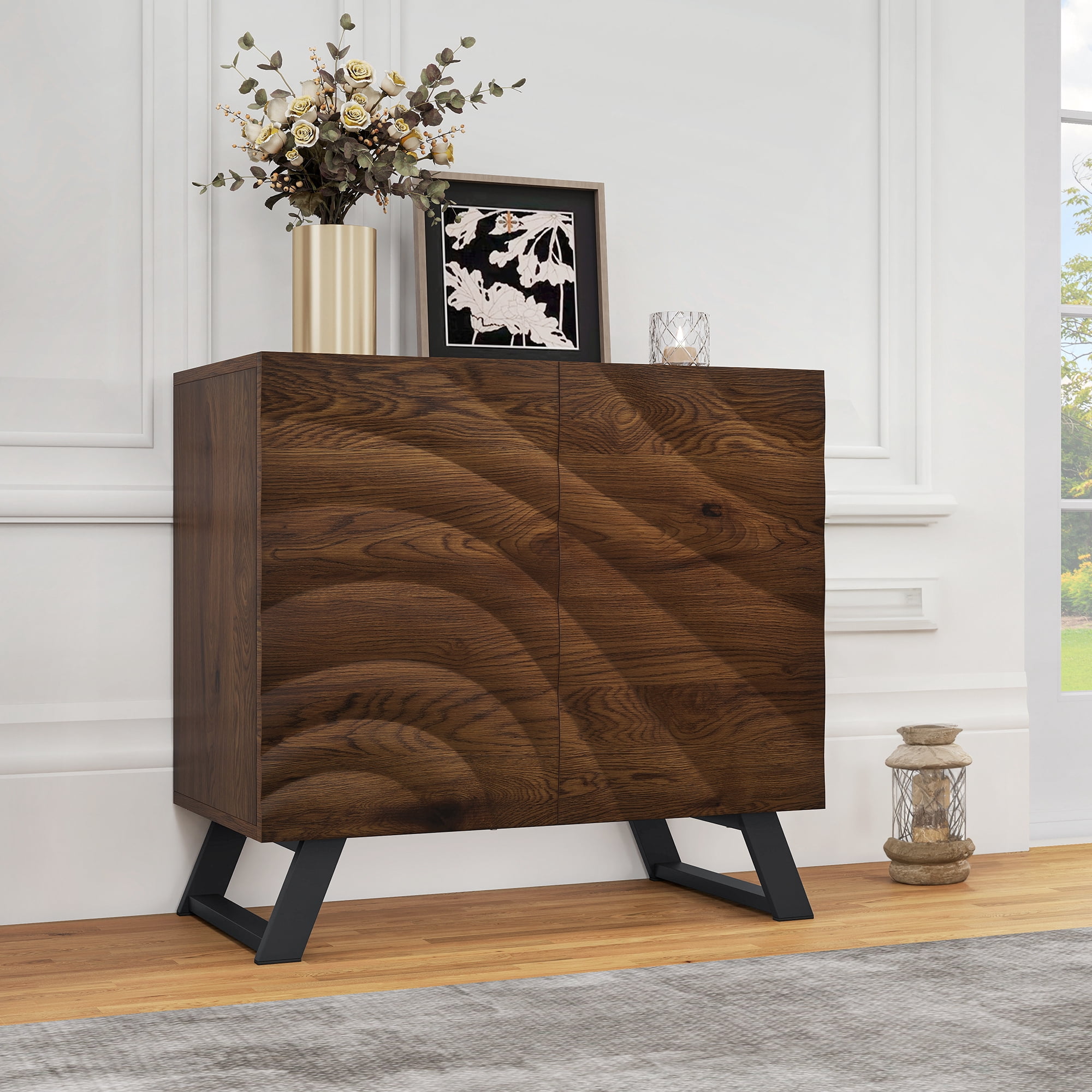 Uforic Rustic 29" Wood Kitchen Cabinet with Adjustable Shelves and Accent Table
