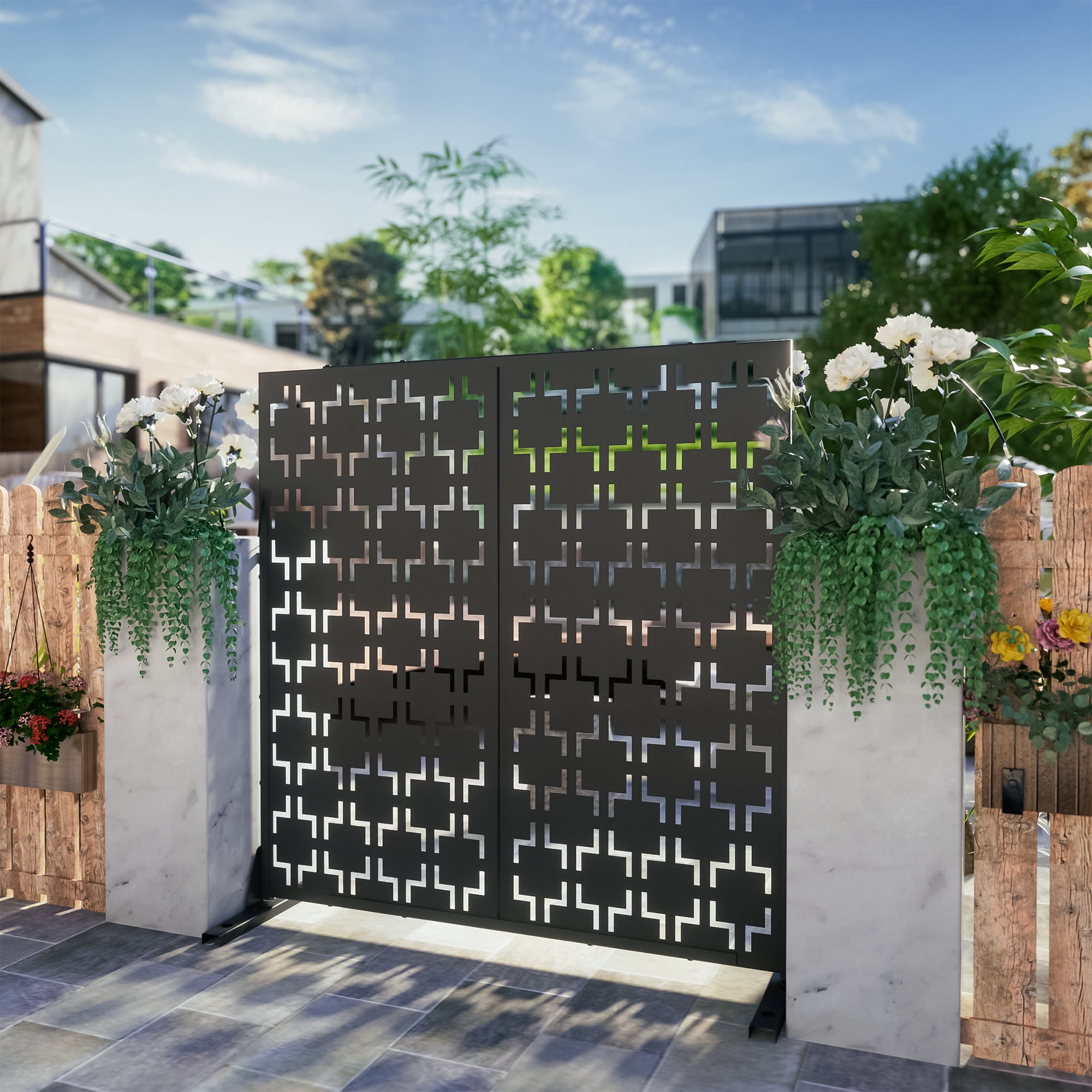 72"x47" Outdoor Privacy Screen with Stand Metal Balcony Decorative Screen,Black