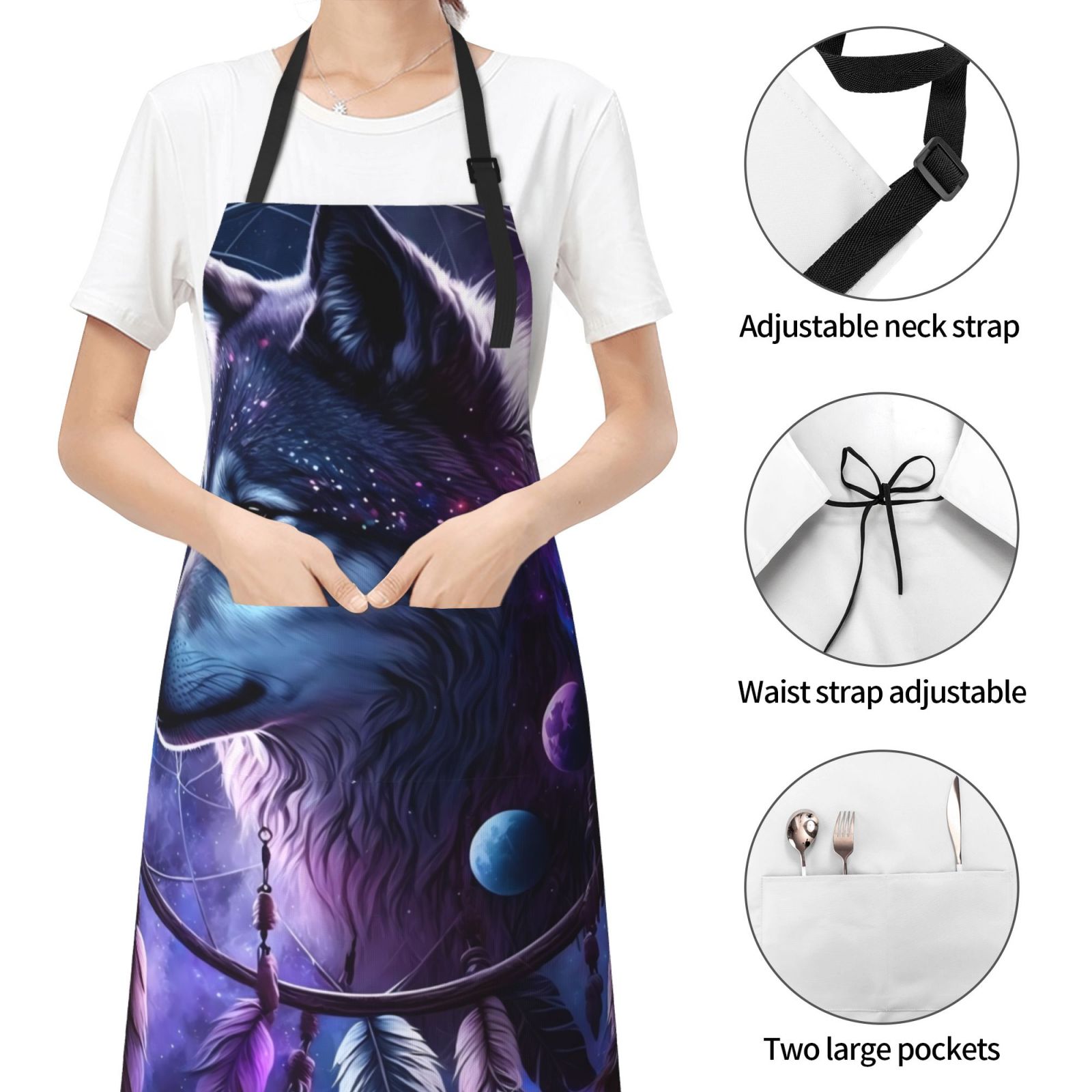 Kdxio Feathered Wolf Apron with Pockets Adjustable Kitchen Aprons for Men Women Waterproof Aprons for Cooking,Drawing,Crafting, Baking Household Cleaning