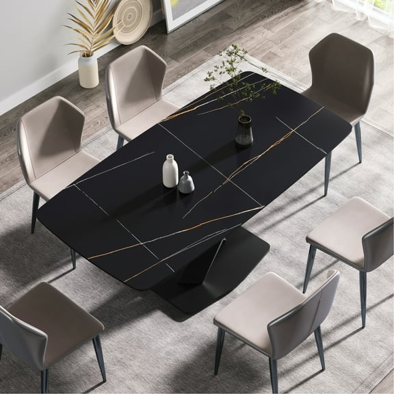 70.92" Rectangular Sintered Stone Table In Black - With Metal Legs, Accommodates 6-8, , Heatproof, , Wipe Clean Surface Facility Dining Stone, Robust Base, - Feature