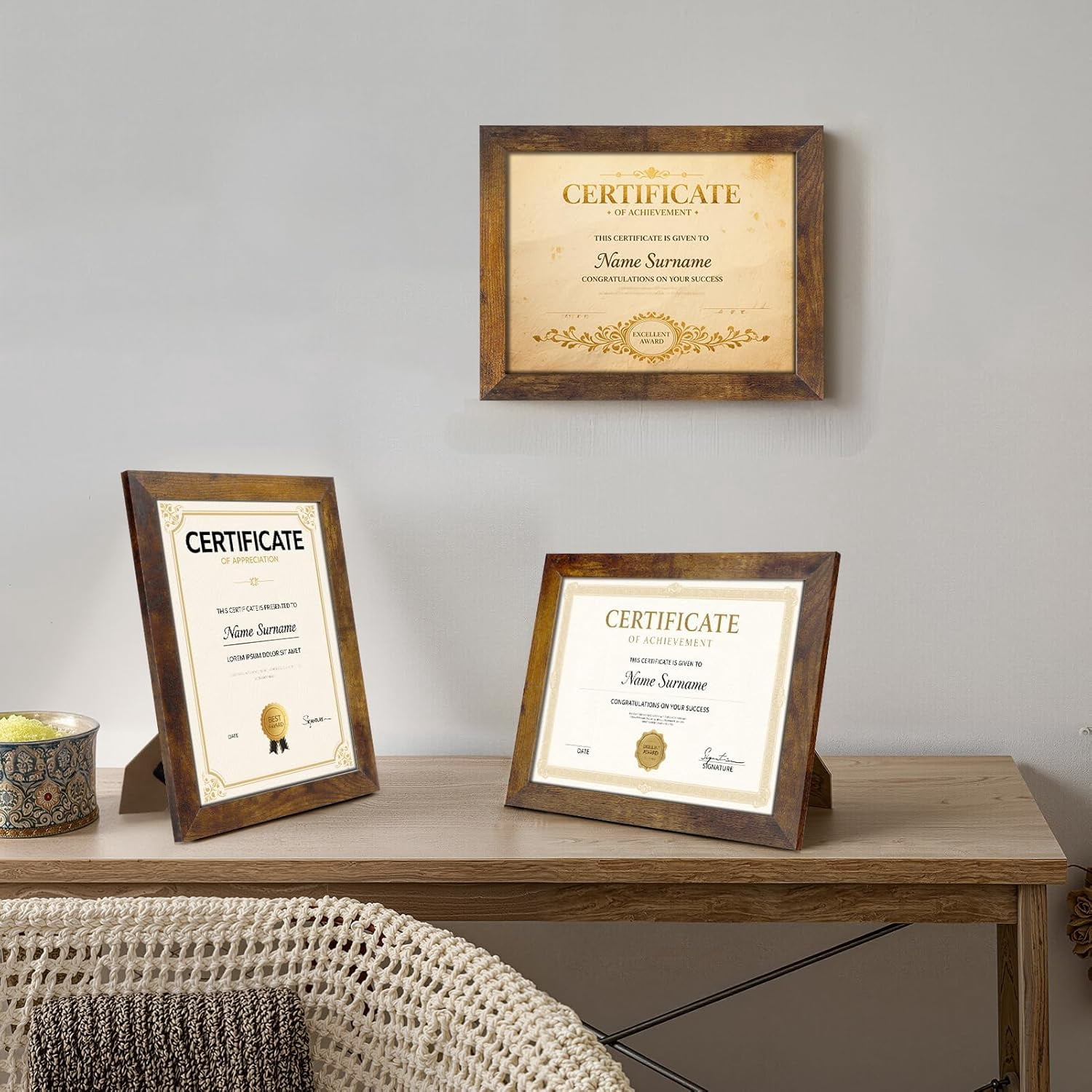 8.5x11 Picture Frame Set of 7, Award Certificate Diploma Document Bulk 8.5 by 11 College Frames for Wall or Tabletop Display, Brown