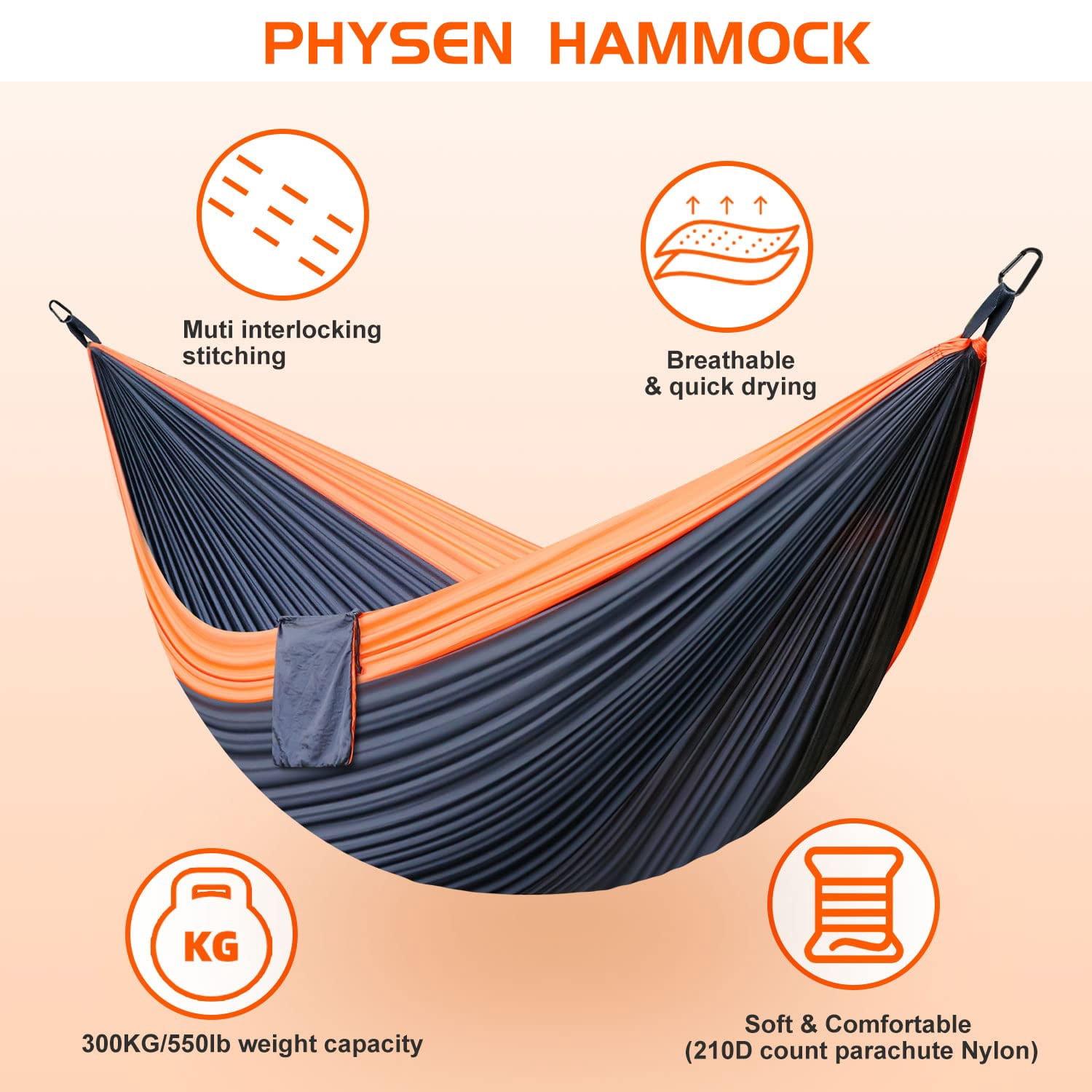 Double Camping Hammock - Outdoor Portable Nylon Hammock with 401lbs Capacity, Perfect for Camping, Hiking, and Travel,Orange