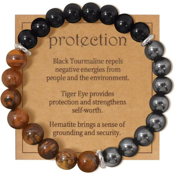 Energy Mens Beaded Bracelets,Triple Protection Bracelet for Men,Made of Three Kinds of 8mm Beads (Black Obsidian Hematite Tiger Eye Beaded), Personalized Gifts for Men