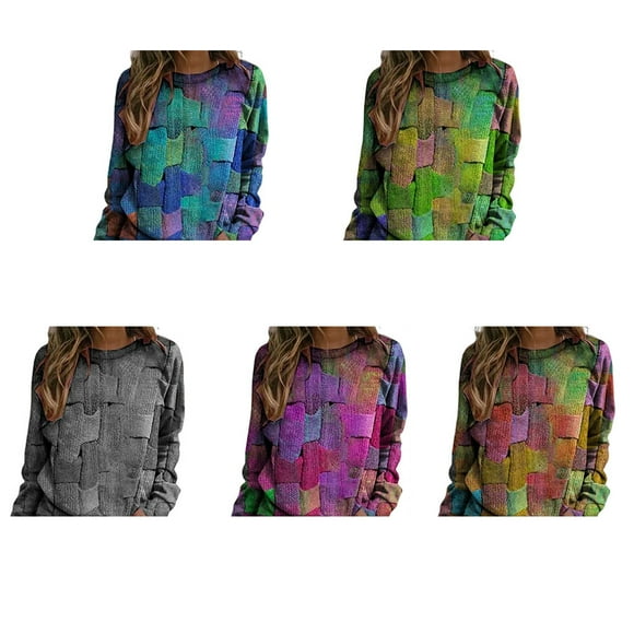 Woman Sweater Round Neck Long Sleeve Fashion Loose Sweater Long Sleeve Printing Tops Autumn Winter Warm Thermal Pullover for Female Ladies Type 2