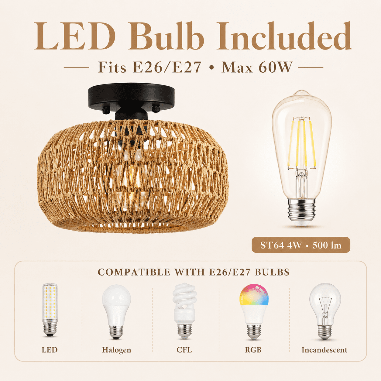 DONGPAI Boho Light Fixtures Ceiling Mount, 11.8" Rattan Mini Chandelier Hand Woven Wicker Semi Flush Mount Ceiling Light for Bedroom Kitchen Hallway Entryway Living Room (Bulb Included)