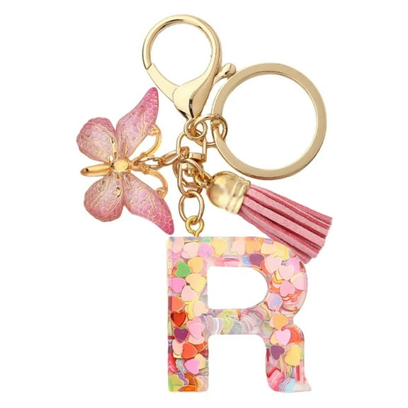 BAYAIXZ Resin English Letter Glue Jewelry Popular Butterfly Pendant Love Sequin Keychain (R,A)