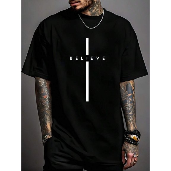 1pc Man' Cross Believe Print Black TShirt Crew Neck Casual Cotton Tee Medium Stretch Knit Fabric Regular Fit For Boys Man Perfect