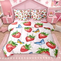 Manfei Red Strawberry Fruit 7-Piece Twin Bedding Sets for Kids, Kawaii Dreamy Butterfly Bedding Comforter Set, Pink Cartoon Theme Reversible Sheet Sets, Luxury Bedroom Decor