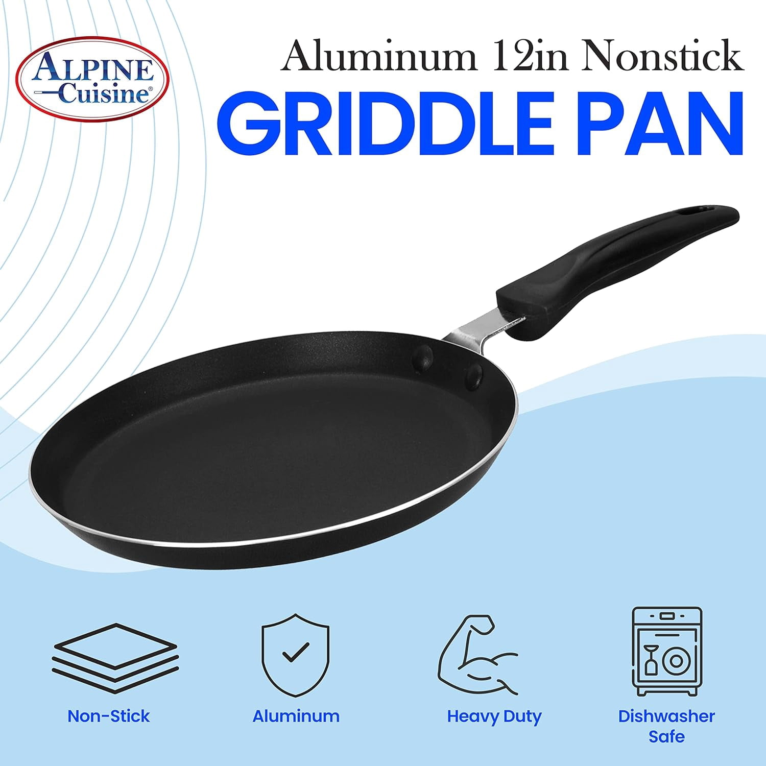 Griddle Pan Aluminum 12-Inch Nonstick Coating, Stove Top with Stay Cool Handle, Dishwasher Safe Gray
