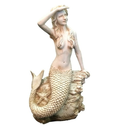 Antique Outdoor Statues Homestyles 22 in. Antique White Classic Mermaid Sitting on Coastal Rock Looking Out to Sea Beach Nautical Extra Large Statue ()