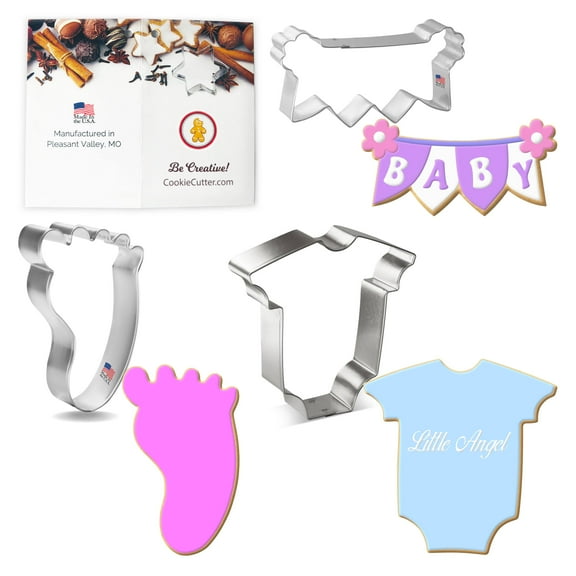 Foose Cookie Cutters Baby Cookie Cutter 3 Piece Set, 4 in, Banner, Bodysuit, Tin Plate Steel, USA