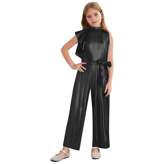 inlzdz Girls Sparkly Jumpsuit Ruffle Cap Sleeve Belted Wide Leg Romper Dressy Casual One Piece Outfits Black 6