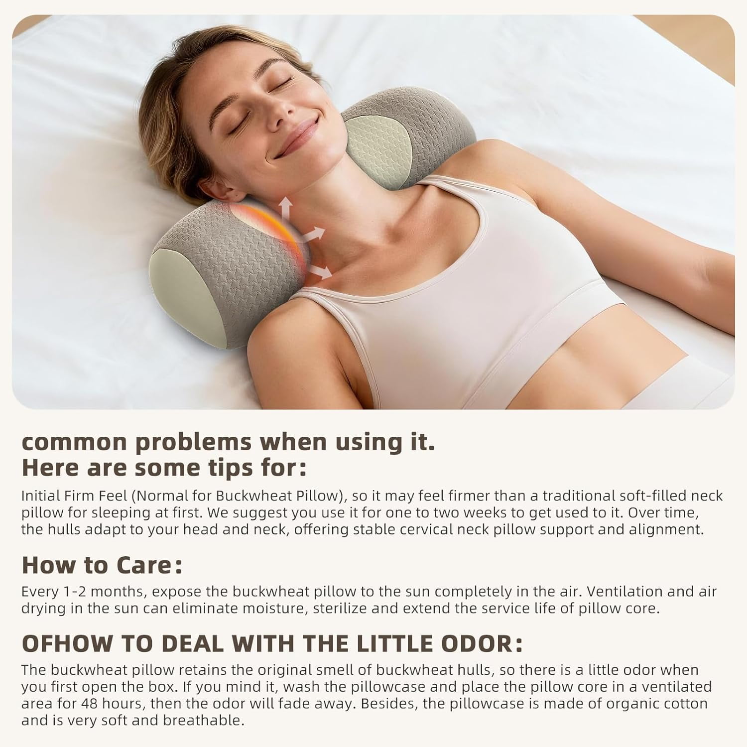 Organic Buckwheat Cervical Neck Pillow – Adjustable Neck Roll for Sleeping, Ergonomic Neck Support Bolster for Side & Back Sleepers, Pillow for Neck Pain Relief and Spine Alignment